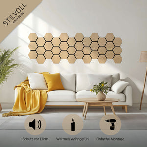 8er Set Akustikpaneele Wandpaneele Hexagon Wabe 76 x 62 cm Natur Eiche Holz 3D