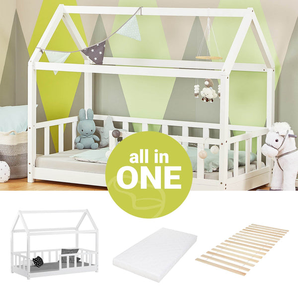 Kinderbett 80x160 cm mit Matratze Hausbett mit Rausfallschutz Montessori Lattenrost