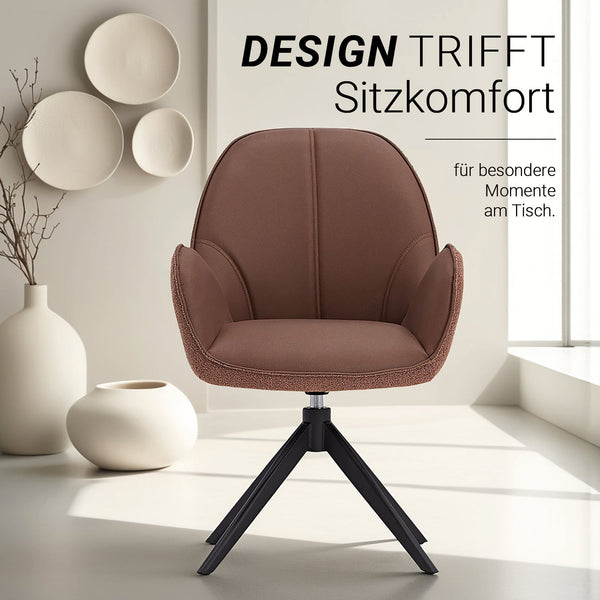 2x Polsterstuhl Bouclé Leder Braun | drehbar | mit Armlehnen | Küche Esszimmer Büro