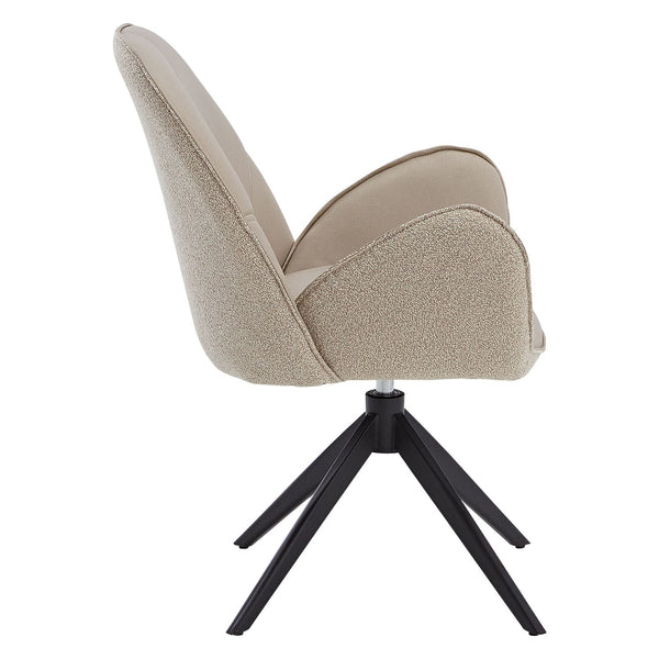 Polsterstuhl Bouclé Leder Beige Almond Milk einzeln drehbar mit Armlehnen