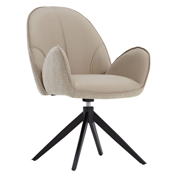 Polsterstuhl Bouclé Leder Beige Almond Milk einzeln drehbar mit Armlehnen