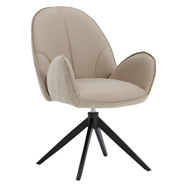 Polsterstuhl Bouclé Leder Beige Almond Milk einzeln drehbar mit Armlehnen