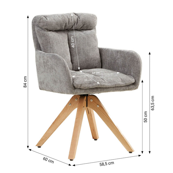 Polsterstuhl Leinen Grau mit Sitzkissen | 6er Set | drehbar | mit Armlehnen | Küche Esszimmer Büro