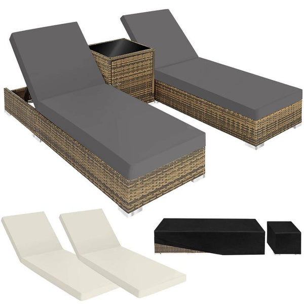 2 Polyrattan Sonnenliegen mit Tisch, natur