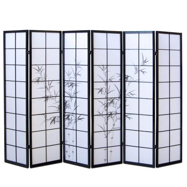 6 fach Holz Paravent Raumteiler schwarz Bambusmuster