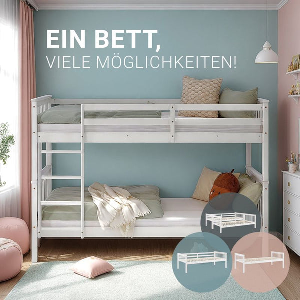 Etagenbett 90x200 cm mit Matratze & Lattenrost umbaubar Weiss