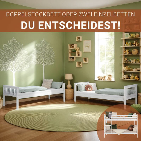 Etagenbett 90x200 cm mit Matratze & Lattenrost umbaubar Weiss