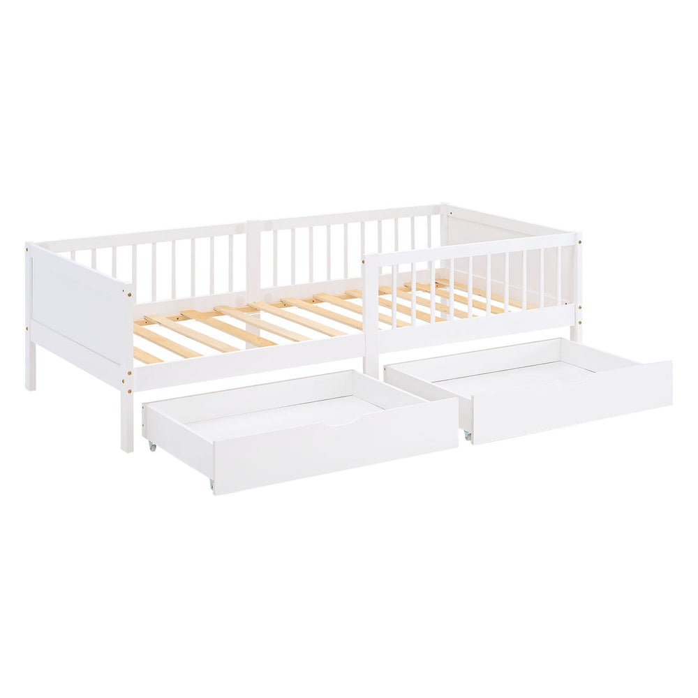 Kinderbett 90x200 cm Weiss Natur | Holzbett mit 2 Bettkästen | Einzelbett | mit Lattenrost | Rausfallschutz