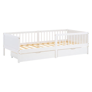Kinderbett 90x200 cm Weiss Natur | Holzbett mit 2 Bettkästen | Einzelbett | mit Lattenrost | Rausfallschutz