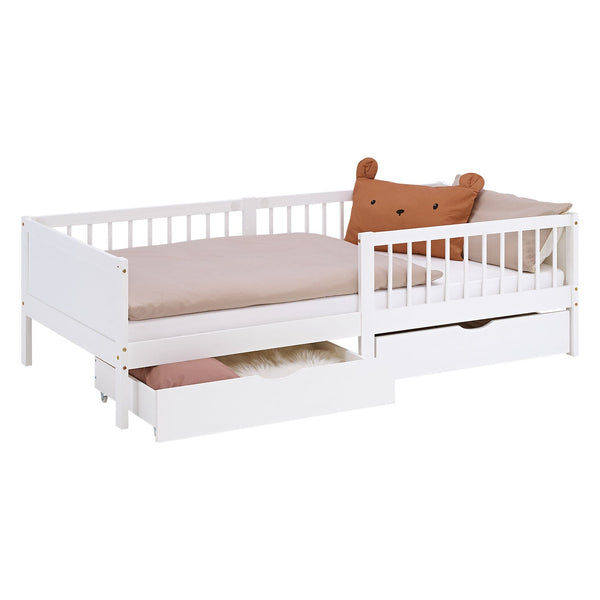 Kinderbett 90x200 cm Weiss Natur | Holzbett mit 2 Bettkästen | Einzelbett | mit Lattenrost | Rausfallschutz