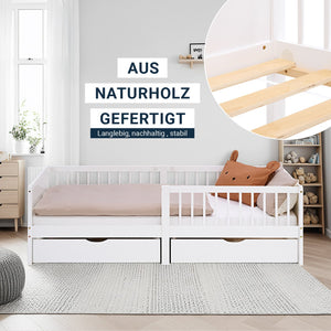 Kinderbett 90x200 cm Weiss Natur | Holzbett mit 2 Bettkästen | Einzelbett | mit Lattenrost | Rausfallschutz
