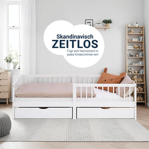 Kinderbett 90x200 cm Weiss Natur | Holzbett mit 2 Bettkästen | Einzelbett | mit Lattenrost | Rausfallschutz