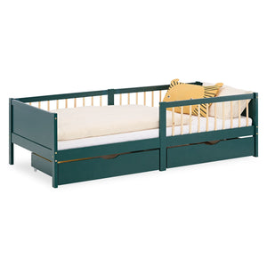 Kinderbett 90x200 cm Grün | Holzbett mit 2 Bettkästen | Einzelbett | mit Lattenrost | Rausfallschutz