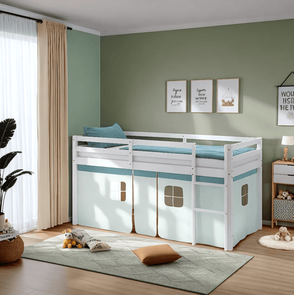 Hochbett Kinderbett 90x200 cm Vorhang Grün Mintgrün Leiter Holz Massiv Weiss