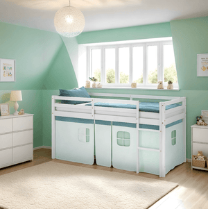 Hochbett Kinderbett 90x200 cm Vorhang Grün Mintgrün Leiter Holz Massiv Weiss