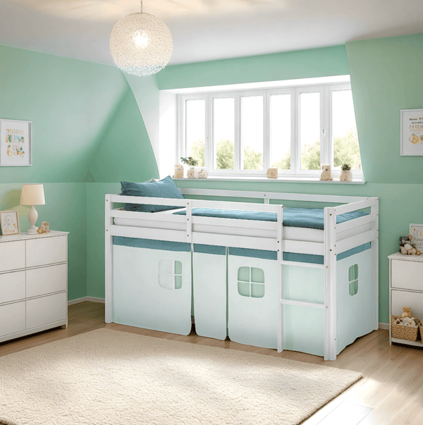 Hochbett Kinderbett 90x200 cm Vorhang Grün Mintgrün Leiter Holz Massiv Weiss
