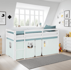 Hochbett Kinderbett 90x200 cm Vorhang Grün Mintgrün Leiter Holz Massiv Weiss