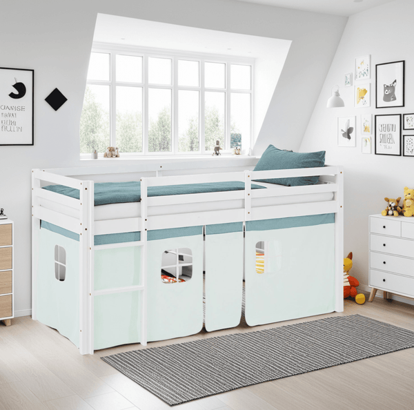 Hochbett Kinderbett 90x200 cm Vorhang Grün Mintgrün Leiter Holz Massiv Weiss