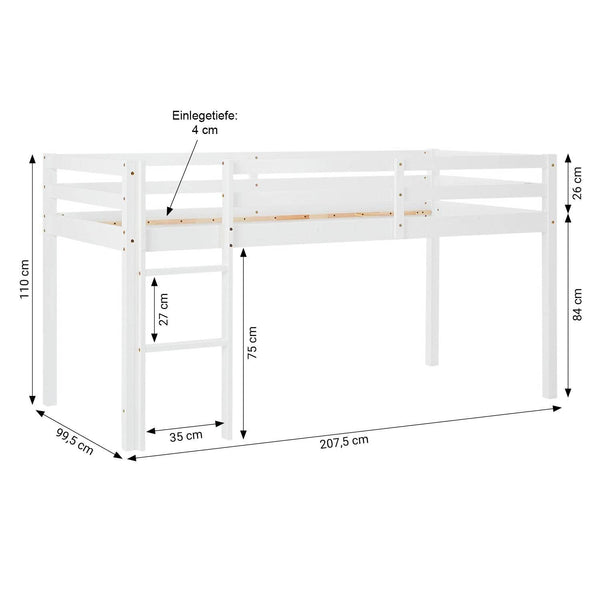 Hochbett Kinderbett 90x200 cm Vorhang Grün Mintgrün Leiter Holz Massiv Weiss