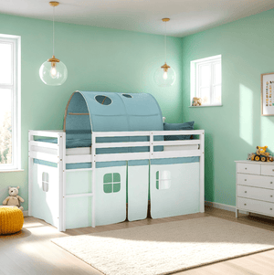 Hochbett Kinderbett 90x200 cm Stockbett Tunnel Vorhang Grün Mintgrün Leiter Weiss