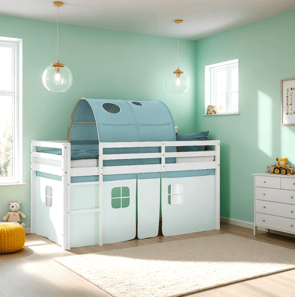 Hochbett Kinderbett 90x200 cm Stockbett Tunnel Vorhang Grün Mintgrün Leiter Weiss