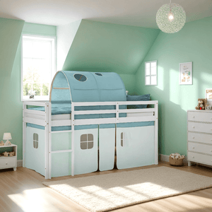 Hochbett Kinderbett 90x200 cm mit Lattenrost Tunnel Vorhang Grün Mintgrün Weiss