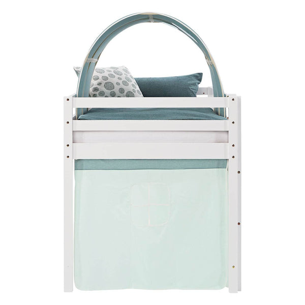 Hochbett Kinderbett 90x200 cm mit Lattenrost Tunnel Vorhang Grün Mintgrün Weiss