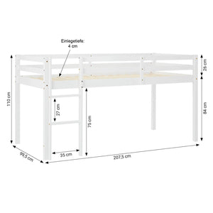 Hochbett Kinderbett 90x200 cm mit Lattenrost Tunnel Vorhang Grün Mintgrün Weiss