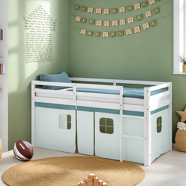 Hochbett Kinder 90x200 cm Weiss mit Vorhang in Mintgrün | mit Lattenrost und Matratze