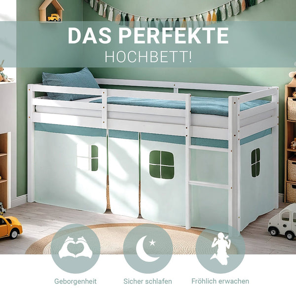 Hochbett Kinder 90x200 cm Weiss mit Vorhang in Mintgrün | mit Lattenrost und Matratze