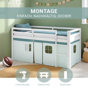 Hochbett Kinder 90x200 cm Weiss mit Vorhang in Mintgrün | mit Lattenrost und Matratze