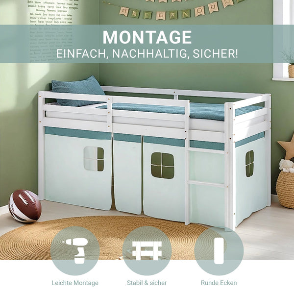 Hochbett Kinder 90x200 cm Weiss mit Vorhang in Mintgrün | mit Lattenrost und Matratze