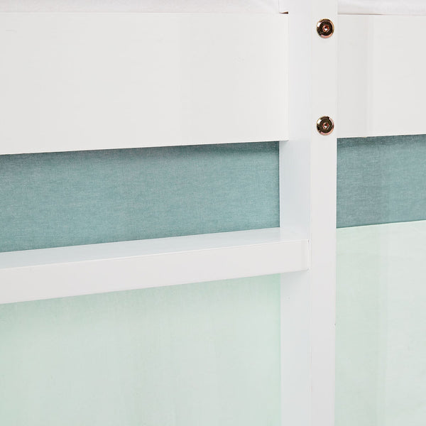 Hochbett Kinder 90x200 cm Weiss mit Vorhang in Mintgrün | Tunnel | mit Lattenrost und Matratze