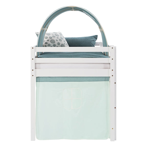 Hochbett Kinder 90x200 cm Weiss mit Vorhang in Mintgrün | Tunnel | mit Lattenrost und Matratze