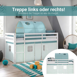 Hochbett Kinder 90x200 cm Weiss mit Vorhang in Mintgrün | Tunnel | mit Lattenrost und Matratze