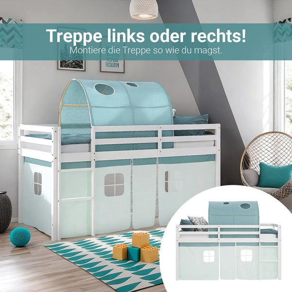 Hochbett Kinder 90x200 cm Weiss mit Vorhang in Mintgrün | Tunnel | mit Lattenrost und Matratze