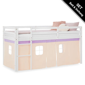 Hochbett Kinder 90x200 cm Weiss mit Vorhang in Lila Beige | ohne Lattenrost