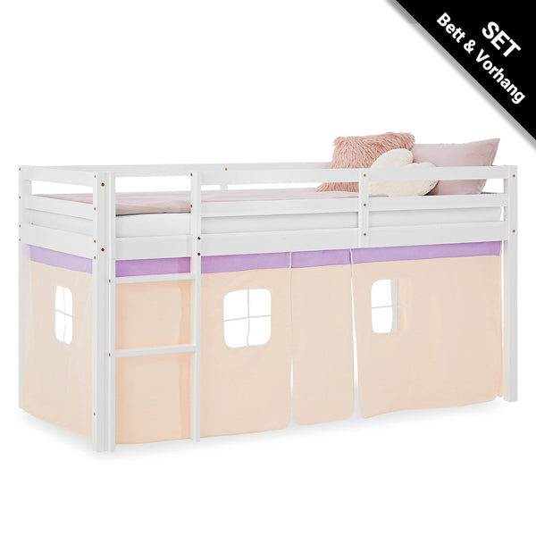 Hochbett Kinder 90x200 cm Weiss mit Vorhang in Lila Beige | ohne Lattenrost