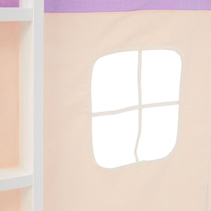 Hochbett Kinder 90x200 cm Weiss mit Vorhang in Lila Beige | Tunnel | ohne Lattenrost