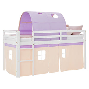 Hochbett Kinder 90x200 cm Weiss mit Vorhang in Lila Beige | Tunnel | ohne Lattenrost