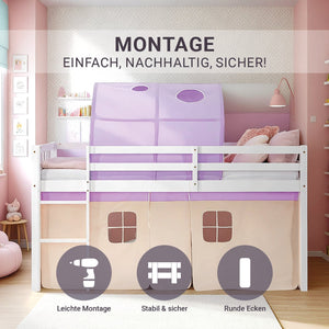 Hochbett Kinder 90x200 cm Weiss mit Vorhang in Lila Beige | Tunnel | ohne Lattenrost
