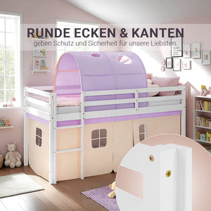 Hochbett Kinder 90x200 cm Weiss mit Vorhang in Lila Beige | Tunnel | ohne Lattenrost