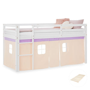 Hochbett Kinder 90x200 cm Weiss mit Vorhang in Lila Beige | mit Lattenrost