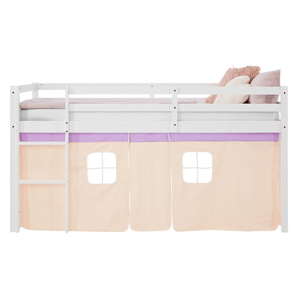 Hochbett Kinder 90x200 cm Weiss mit Vorhang in Lila Beige | mit Lattenrost