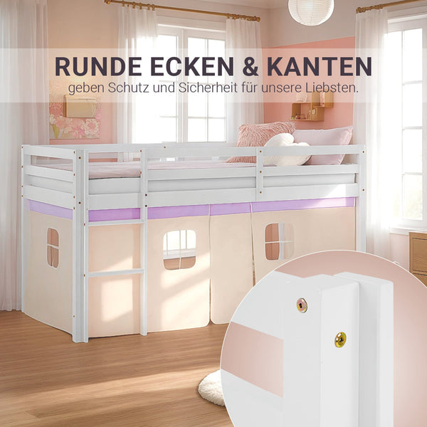 Hochbett Kinder 90x200 cm Weiss mit Vorhang in Lila Beige | mit Lattenrost