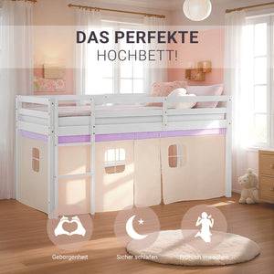 Hochbett Kinder 90x200 cm Weiss mit Vorhang in Lila Beige | mit Lattenrost und Matratze