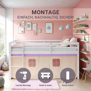 Hochbett Kinder 90x200 cm Weiss mit Vorhang in Lila Beige | mit Lattenrost und Matratze