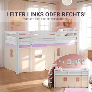 Hochbett Kinder 90x200 cm Weiss mit Vorhang in Lila Beige | mit Lattenrost und Matratze