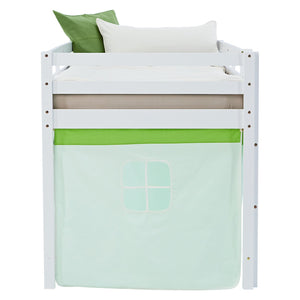 Hochbett Kinder 90x200 cm Weiss mit Vorhang in Grün | ohne Lattenrost