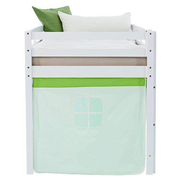 Hochbett Kinder 90x200 cm Weiss mit Vorhang in Grün | ohne Lattenrost